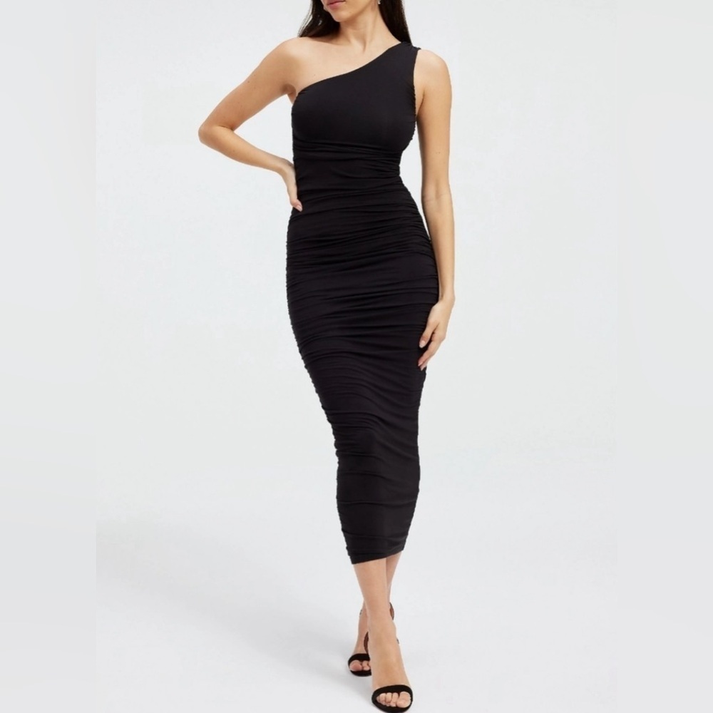 New Good American Ruched One Shoulder Midi Dress in Black Size 5